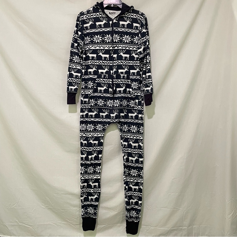 Lazy One Women’s Navy & White Onesie Pajama Reindeer & Snowflakes Size Small